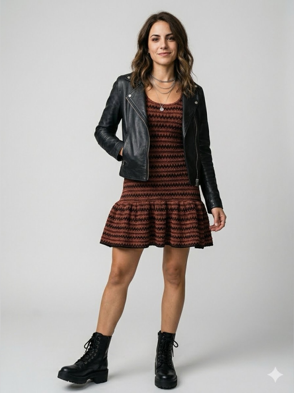 Free People cozy day Flounce chevron Knit mini dress copper burgundy black- Lrg
